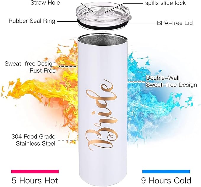 6 Pack Bride to Be Skinny Tumbler | 20 oz Bride Tribe Stainless Steel Wine Tumblers | Engagement Wedding Gifts Bridesmaids Mugs Bachelorette Party Supplies & Games