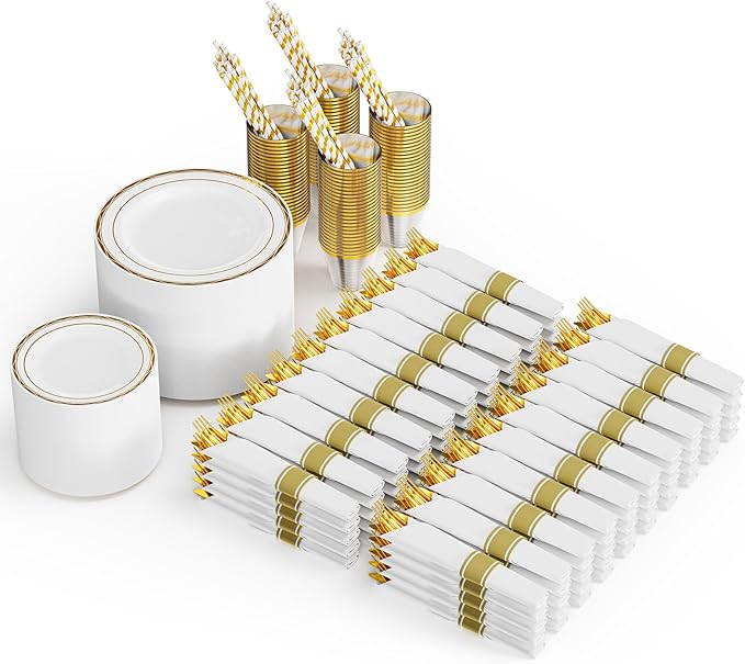 ROVSUN 800 Piece Gold Disposable Dinnerware Set for 100 Guests - Elegant Plastic Plates, 100 Pre-Rolled Napkins, Silverware, Dinner & Dessert Plates, Cups, Straws