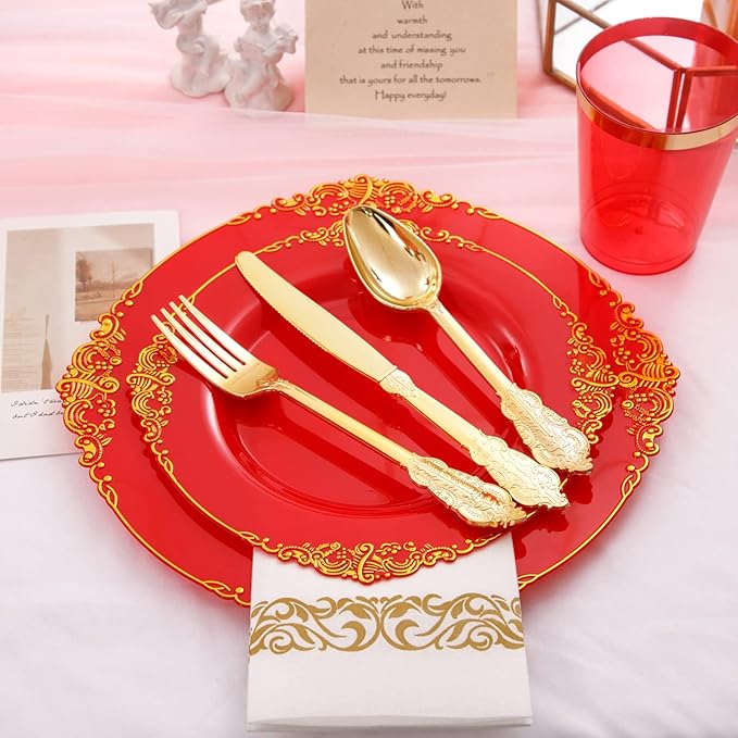 Morejoy 175PCS Red Plastic Plates,Red Disposable Plates With Gold Rim,Red and Gold Plastic Dinnerware Set Includes: 50 Plates,25 Silverware Sets,25 Cups,25 Napkins,Perfect for Party,Wedding,Christmas
