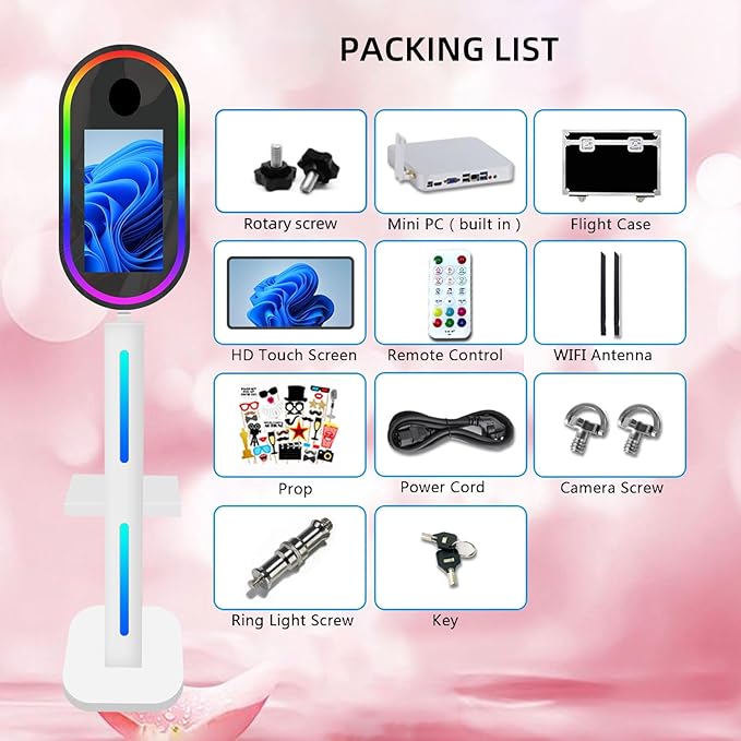 Oval Mirror Photo Booth with Flight Case,15.6 in Touch Screen Mirror Photo Booth Magic Mirror Photobooth Selfie for Party Events Wedding Rental (White, Without Camera Printer)
