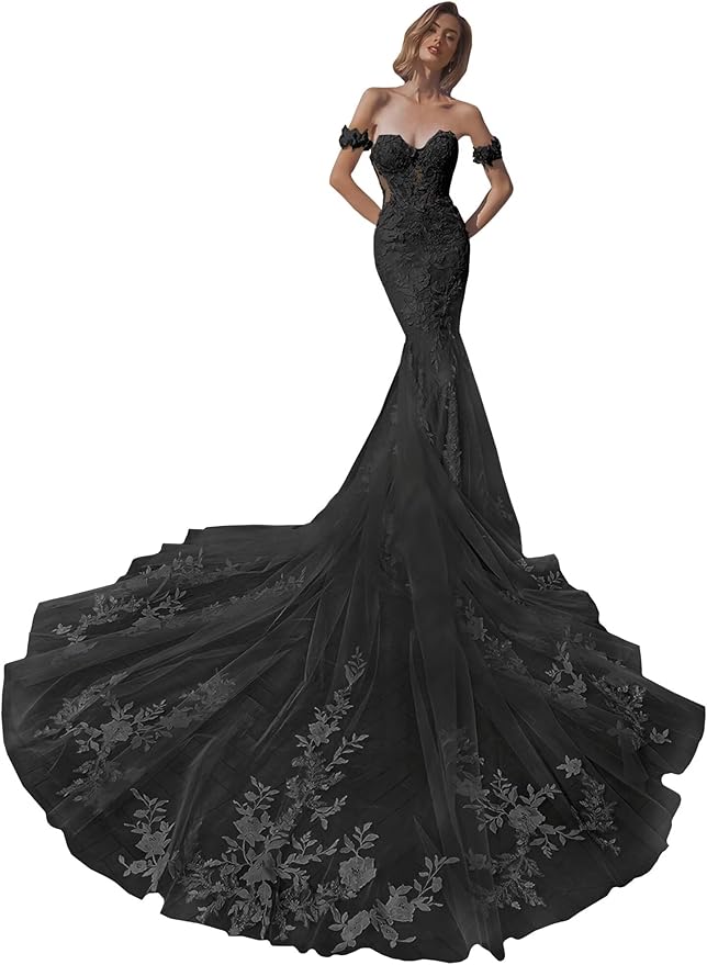 Zeeyecie Mermaid Tulle Wedding Dresses Lace Applique Corset V-Neck Sparkly Bridal Gowns with Train for Brides