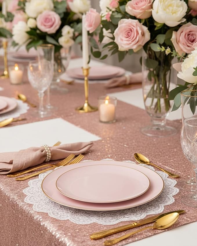 PULOTE 100PCS Pink Plastic Plates - Heavy Duty Pink and Gold Disposable for Party, Wedding, Valentines & Galentines Day, Include 50 Each (Dinner & Dessert) Plates