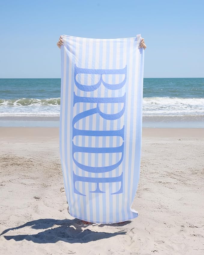 xo, Fetti Bride Blue Stripe Beach Towel - 100% Cotton | Bachelorette Decorations, Coastal Bridal Shower Gift, Poolside Bride to Be, Bridesmaid Gift, Beach Bach Supplies