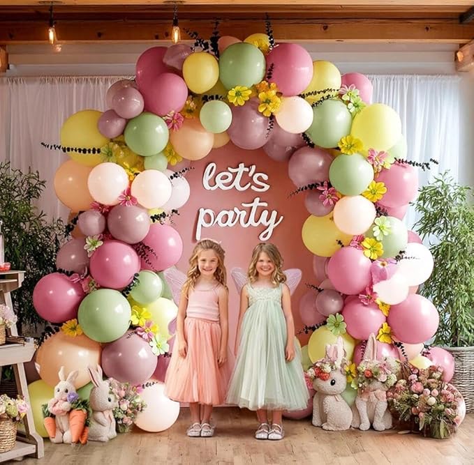 Dusty Green Pink Yellow Balloon Arch Artificial Flower Leaves Double Stuffed Pastel Green Pink Peach Mauve Balloon Garland Kit for Birthday Baby Shower Wedding Fairy Flower Easter Tea Party Decor
