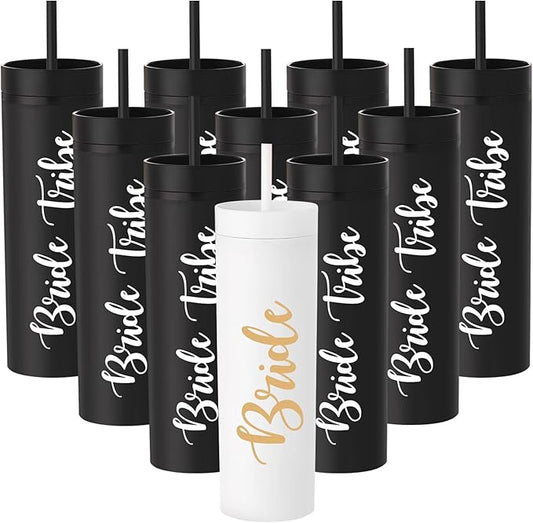 10 Pack Bride to Be Skinny Tumbler | 16 oz Bride Tribe Tumblers | Bachelorette Party Cups | Engagement Wedding Gifts Bridesmaids Mugs Bachelorette Party Supplies & Games