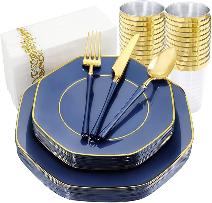 KIRE 140Pcs Blue Plastic Plates with Gold Rim - Gold Disposable Plastic Silverware with Blue Handle&Clear Cups&Hand Napkin - Geometric Party Plates for Hanukkah/Holiday/Party