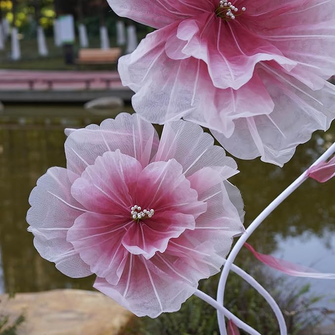 Giant Artificial Flower Decor,Oversized Gradient Organza Flower with Bendable Stem,DIY Shape Fake Flower Sculpture with Heavy Base for Wedding,Event,Party & Photo Backdrop,Store Display (red)