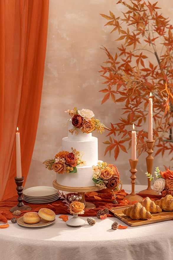 TINGE TIME 3Pcs Pre-made Cake Toppers，Silk Artificial Flowers Decor，Cake Decorations for Weddings, Birthdays, Party,Baby Shower,Celebration (Burnt Orange)