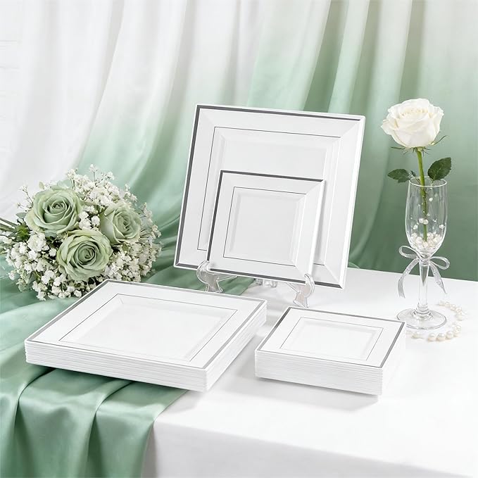 Festiva 350Pcs Silver Plates - Silver Square Plastic Plates 9 .5" and 6" - serve for 50 guests include 50 Cups 50Plastic Cutlery 50Hand Napkins Perfect for Party&Wedding&Birthday