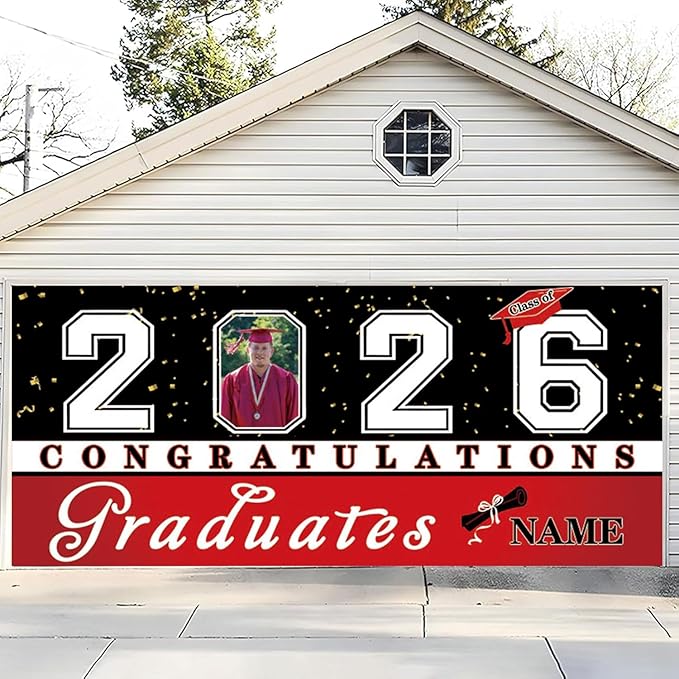 Custom Graduation Garage Door Banner Decoration 7x16ft with Photo Congrats Garage Door Cover 2026 Party Photo Booth Backdrop Party Supplies(Red)