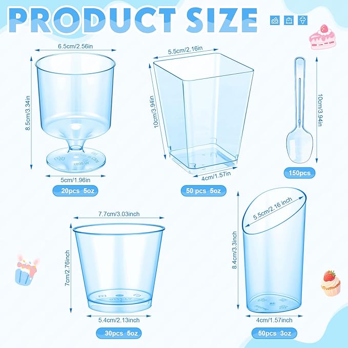 300 Pack Clear Blue Mini Dessert Cups with Spoons 5oz 3oz Plastic Square Slanted Parfait Appetizer Shooter Round Goblet for Dessert Table Birthday Party Ice Cream Pudding Mousse Yogurt