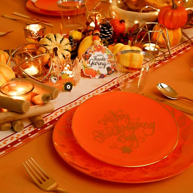 Nervure 175PCS Thanksgiving Plates - Orange and Gold Disposable Plates Include 25Dinner Plate, 25Dessert Plate, 25Cups, 25Knives, 25Forks, 25Spoons, 25 Fall Napkins for Thanksgiving Day