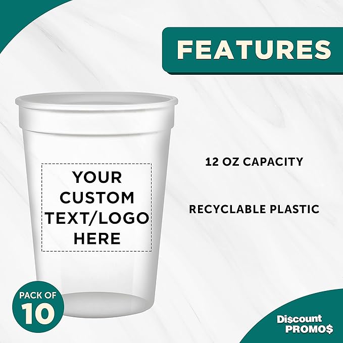 Custom Disposable Plastic Cups 12 oz. Set of 10, Personalized Bulk Pack - Perfect for Summer, Sporting Events, Birthdays, Weddings, Picnic, Beach, Parties - Clear
