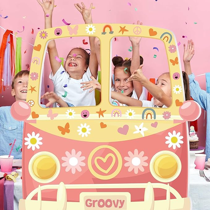 Teling Hippie Bus Photo Booth Prop 43.31 x 37.4 Inch 1960s Hippie Selfie Frame Backdrop Background Banner 60s 70s Retro Large Groovy Van Prop Party Birthday Decor Daisy Party Favor