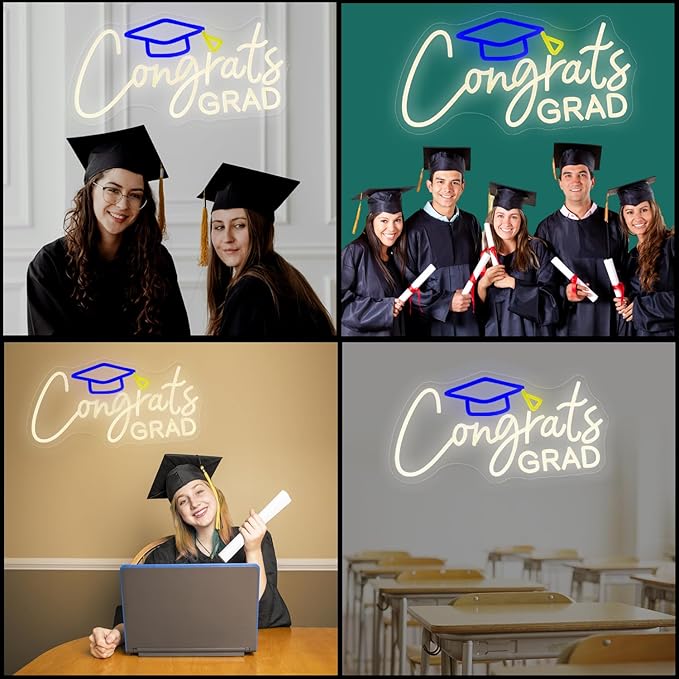 Congrats Grad Neon Sign with Graduation Cap, Warm White Grad Light Up Sign for Wall Decor, Adjustable Congrats Led Sign for Class of Party Room Dorm Backdrop Celebration Gifts