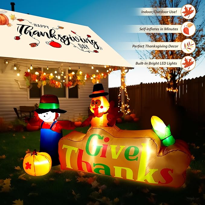 CAMULAND 8Ft Autumn Outdoor Built-in LED Inflatable Scarecrow and Turkey – Thanksgiving Inflatable Decorations Great for Home, Yard, Lawn – Warm Blow Up Décor for Fall Harvest Party