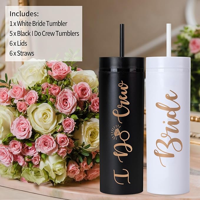 6 Pack Bride to Be Skinny Tumbler | 16 oz Bride & I Do Crew Tumblers | Bachelorette Party Cups | Engagement Wedding Gifts Bridesmaids Mugs Bachelorette Party Supplies & Games(Black)