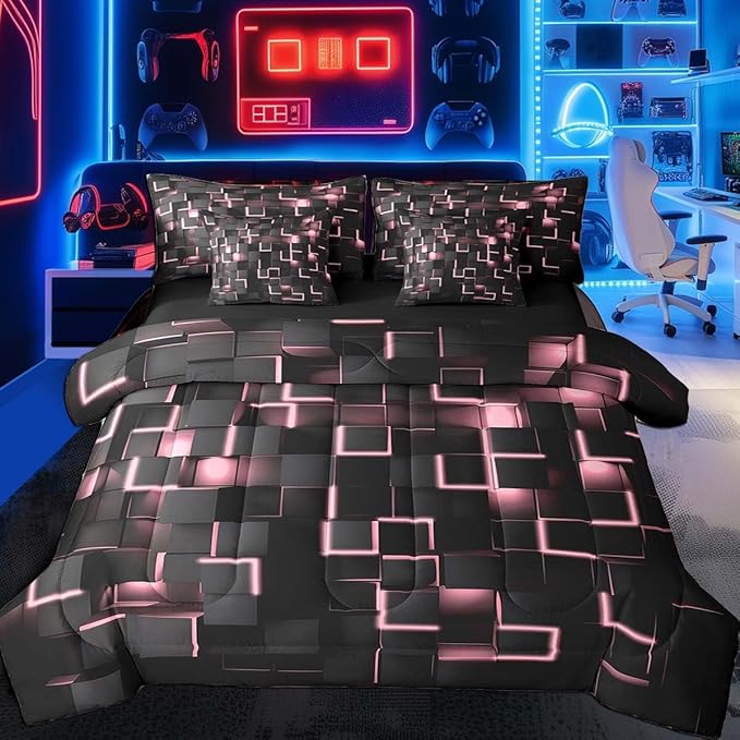 Feelyou Pink and Black Bedding Set Twin Size Light Geometric Comforter Set with Sheets 7 Piece for Kids Boys Decor Bed in a Bag Modern Style Bed Set