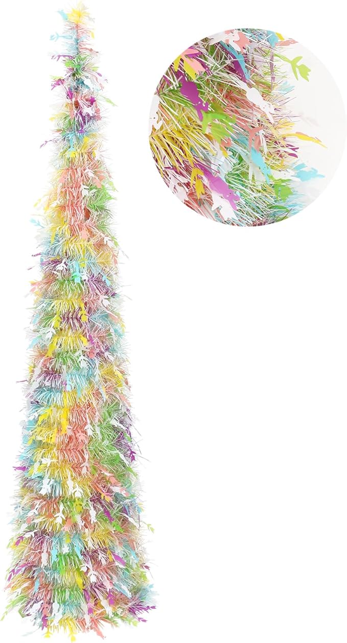 Easter Tinsel Tree, 5FT Artificial Pop Up Pencil Tree Decorations Spring Easter Flower Tabletop Decor for Home Party Birthday Holiday