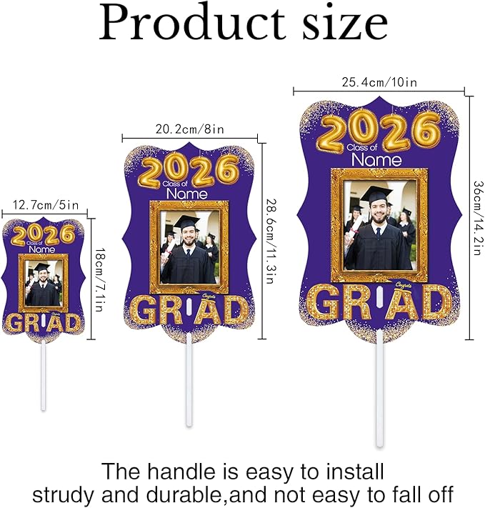 Personalized Graduation Double Sided Face Fan Class of 2026 Customized Graduation Head Face Cutout with Handle Fun Photo Prop Supplies(A-Purple and Gold,24pcs)
