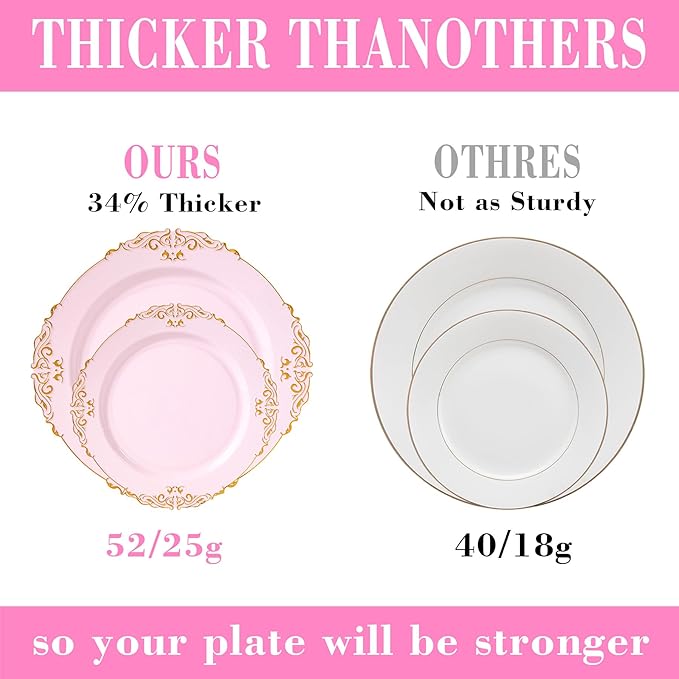 350pcs Gold Retro Dinnerware Sets Disposable, 50 Guests Heavy Duty Plastic Cutlery Sets, 100 Disposable Plates, 150 Silverware, 50 Cups, 50 Napkins for Wedding & Party, Pink
