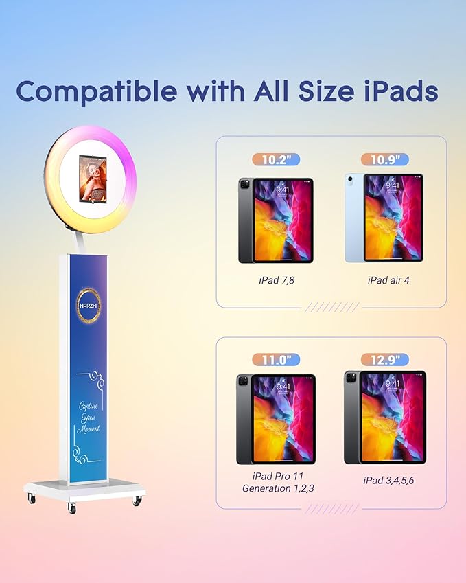 HARZHI Portable Photo Booth Compatible with Ipad, Large Lightbox Ipad Photo Booth for Christmas Wedding Party Provide ChackTok Software APP VIP, Free Custome Logo, Flight Case White