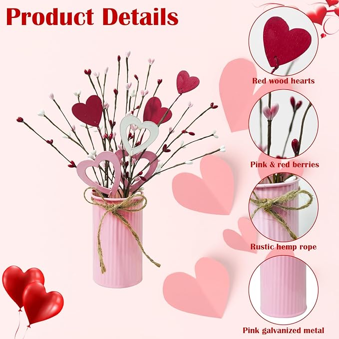 TORONTOKYO Valentines Day Decor, 6 Pack Valentine's Day Artificial Potted Plant Heart Shaped Valentines Day Picks with Berries Metal Pot for Home Office Table Centerpiece Decor