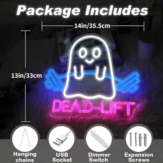 Ghost Dead Lift Neon Sign,Funny GYM Room Wall Sign,Home Gym Wall Decor,Ghost Light,Dumbbell Neon Sign,Funny Weightlifting Gym Neon Led Light, 14"x13"