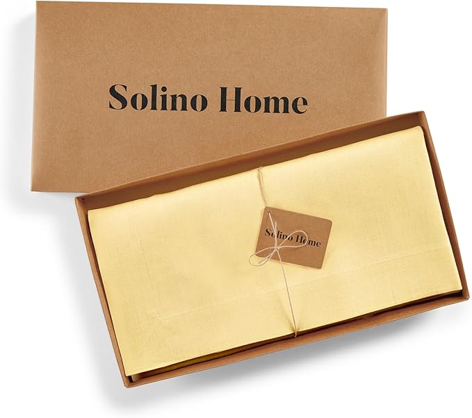 Solino Home Linen Tablecloth 52 x 52 Inch - 100% Pure Linen Golden Straw Square Tablecloth - Fete, Machine Washable Table Throw for Spring, Easter
