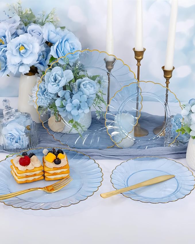 YOUBET 175PCS Clear Blue Scalloped Plastic Plates - Blue and Gold Disposable Dinnerware Set Include 50 Plates, 75 Gold Silverware, 25 Cups, 25 Napkins for Party & Wedding & Baby Shower