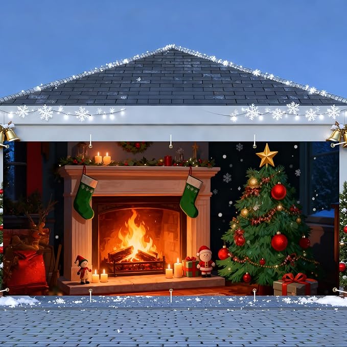 Christmas Garage Door Banner & Cover 7x16FT, Fireplace with Christmas Tree and Stockings, Large Outdoor Xmas Decoration for Garage Doors, Driveways, Winter Parties and Holiday Decor