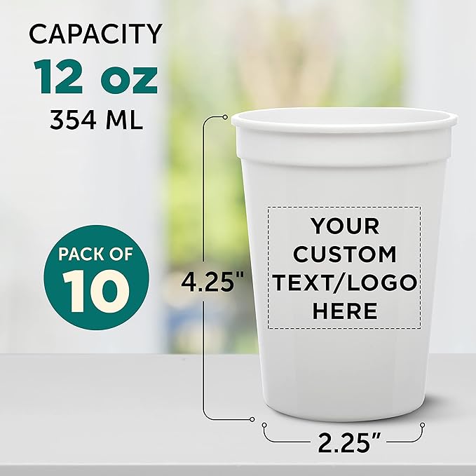 Custom Disposable Plastic Cups 12 oz. Set of 10, Personalized Bulk Pack - Perfect for Summer, Sporting Events, Birthdays, Weddings, Picnic, Beach, Parties - White
