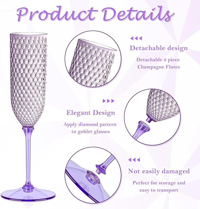48 Pack Purple Detachable 2 piece Champagne Flutes 5.5 Oz Unbreakable Plastic Mimosa Disposable Champagne Glasses Drinking Cups Stemmed Reusable Wine Toasting Glasses for Wedding (48, Purple)