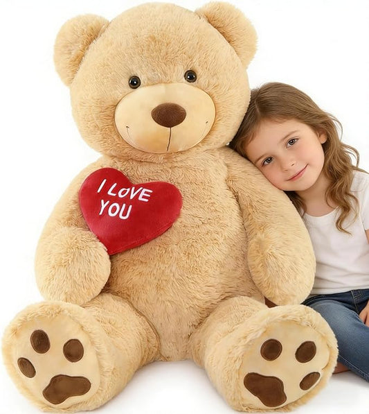 Red Heart Giant Teddy Bears, Brown Big Teddy Bear Stuffed Animals with Embroidered I Love You for Girlfriend, Large Valentines Fluffy Teddy Bear Birthday Gifts 36 inch