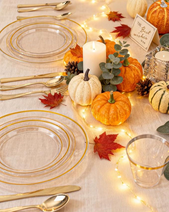 bUCLA 300Pcs Clear Gold Plastic Disposable Dinnerware Set - Clear Plates with Gold Trim Include 50 Dinner / 50 Dessert Plates,50 Cups,150 Plastic Silverware Set for Party