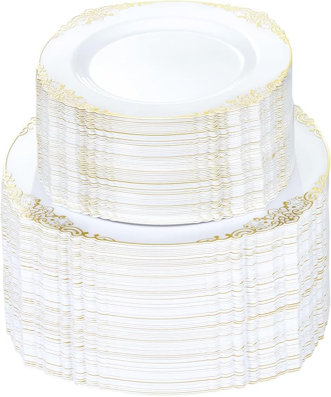 200 PCS White and Gold Plastic Plates for 100 Guests, Gold Disposable Plates Include 100 PCS Dinner Plates, 100 PCS Dessert Plates for Party, Wedding and Graduation