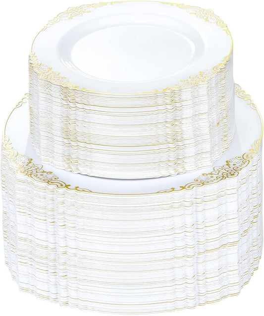 200 PCS White and Gold Plastic Plates for 100 Guests, Gold Disposable Plates Include 100 PCS Dinner Plates, 100 PCS Dessert Plates for Party, Wedding and Graduation
