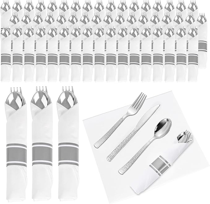 WELLIFE 100 Pack Silver Plastic Silverware, Pre Rolled Silverware Set Disposable,Plastic Cutlery Includes: 100 Forks, 100 Knives, 100 Spoons, 100 Napkins, Cutlery Set Disposable for Party and Wedding