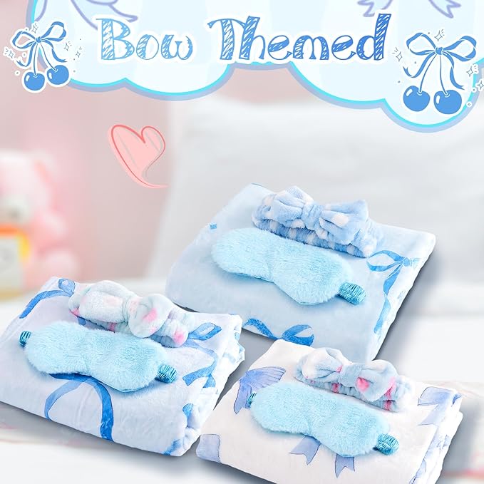18 Pcs Sleepover Party Supplies for Girls, 6 Style Cute Blue Bow Blanket 6 Coral Fleece Spa Headband 6 Plush Blue Eye Mask Cover for Slumber Sleepover Spa Party Gift