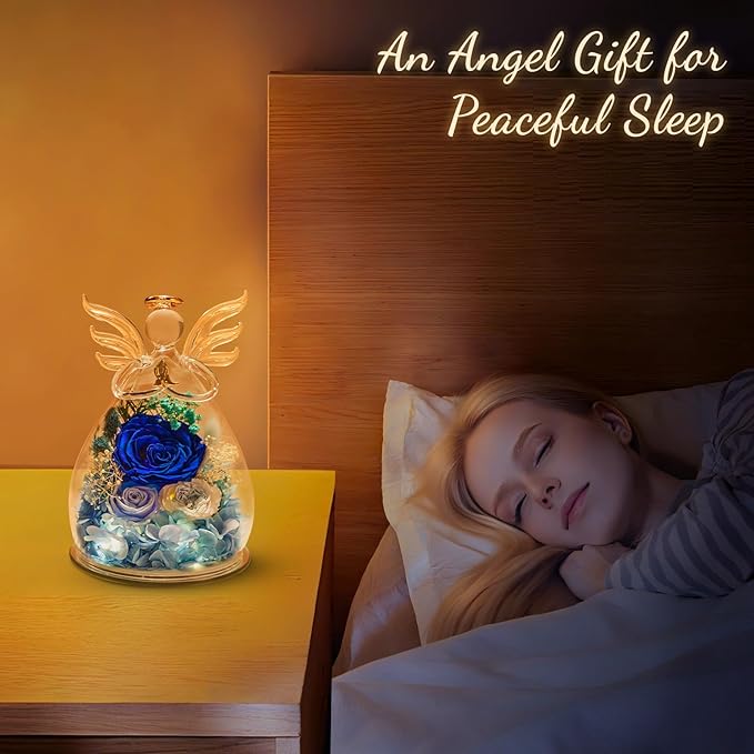 Flowers for Delivery, Valentines Day Decorations Birthday Gifts for Mom Grandma Women, Preserved Rose Forever Flower in Glass Angel Figurines Real Fresh Bouquet for Wife Sister Her Daughter