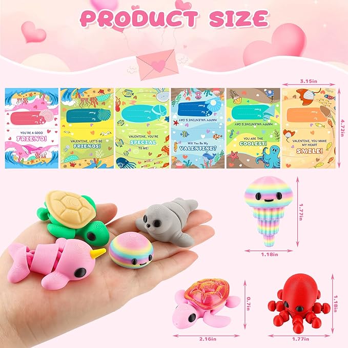 24Pcs Valentine's Day Gift 3D Printed Toys with Valentines Day Cards for Kids Classroom, Valentine's Day School Exchange Gifts, Valentine Party Favor 3D Printed Stuff, Class Exchange Prizes