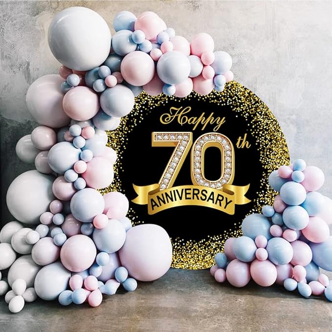 5.5x5.5ft Happy 70th Anniversary Round Backdrop Cover Black Gold Grandparents Happy 70 Years Circle Backdrop Background Luxurious Glitter Sequins Dots Diamond Ribbon Banquet Dinner Party Decor