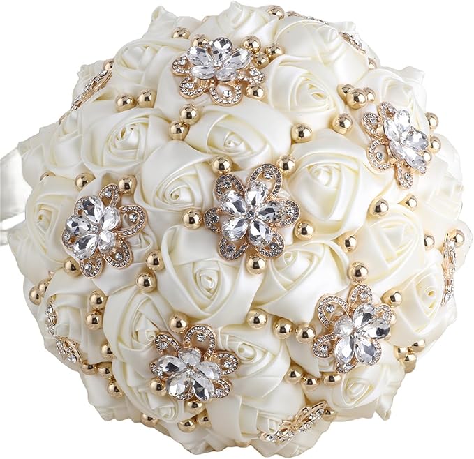 Bridal Wedding Bouquet for Bride Bridesmaid Wedding Quinceanera Throw Toss Artificial Rose Flower Bunch with Bling Brooch (66#Ivory, Medium (Dia. 8.7"/22cm))