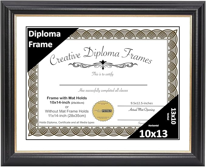 Creative Picture Frames 10" x 13" Rockefeller Black with Gold Rim Diploma Frame, Displays 10" x 13" Certificate or 11" x 14" Document without Mat, College Degree Frame, Full-Strength Glass, White Mat