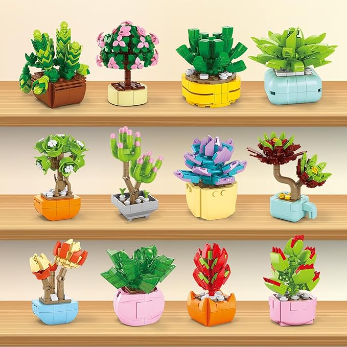 Valentines Day Gifts for Kids - 24 Packs Succulents Building Blocks with Valentines Day Cards for Kids School Boys Girls, Artificial Botanical Toy Exchange Gifts Classroom Prizes Party Favor