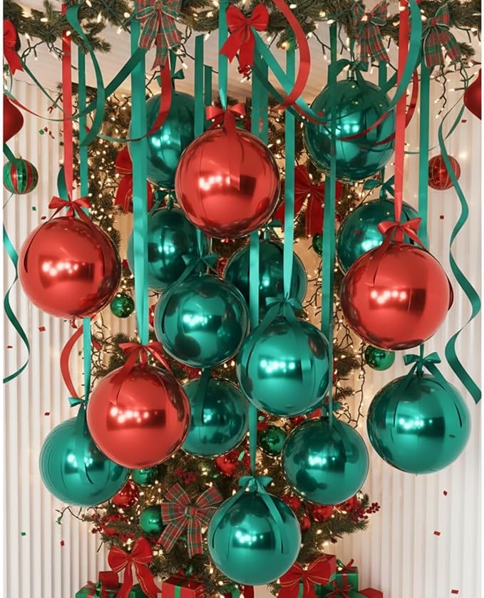 Jenaai 30 Set Round Foil Balloons Bulk 22 Inch 4d Metallic Giant Balloons Set with Satin Bows Ribbon for Ceiling Holiday Ornaments New Year Birthday Wedding Party Decoration(Green)