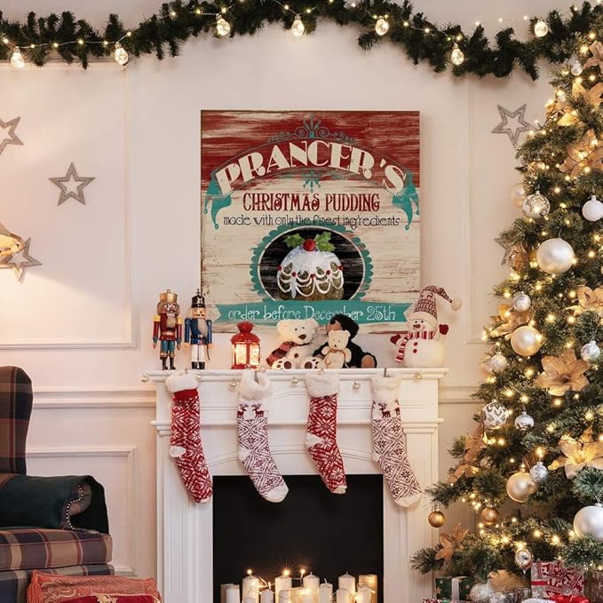 Renditions Gallery Prancer's Christmas Pudding Wall Art, Cute Winter Decor, Vintage Faux Wood Look, Festive, Premium Gallery Wrapped Canvas, Ready to Hang, 40 in H x 40 in W, Made in America