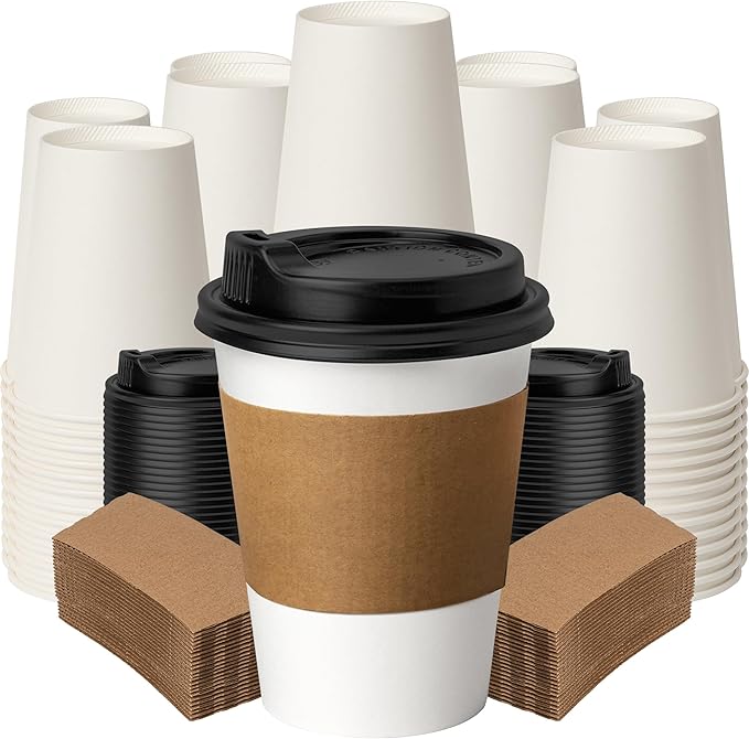 12 oz 500 Pack White Disposable Coffee Cups with Lids and Sleeves, Paper Hot Drink Cups To Go, Diner Style, Perfect Size for Espresso/Latte