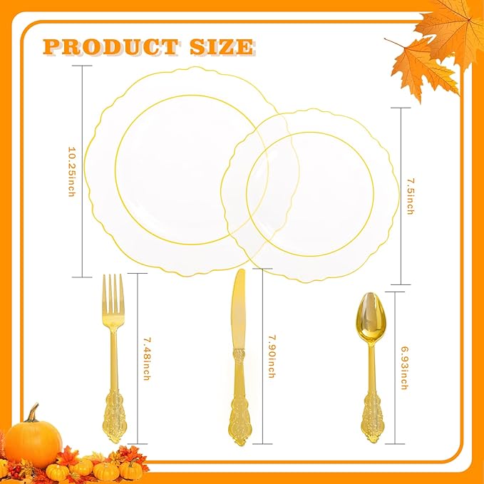 YOUBET 125PCS Gold Plastic Plates - Clear Gold Disposable Plates - 25 Guests Baroque Plastic Dinnerware Includes 25Dinner Plates, 25Dessert Plate, 75Silverware for Party & Wedding