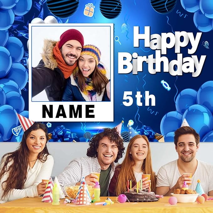 Custom Navy Blue and Gold Happy Birthday Sign Birthday Party Decorations Supplies Personalized Navy Blue Backdrop Banner (5x7.5ft)